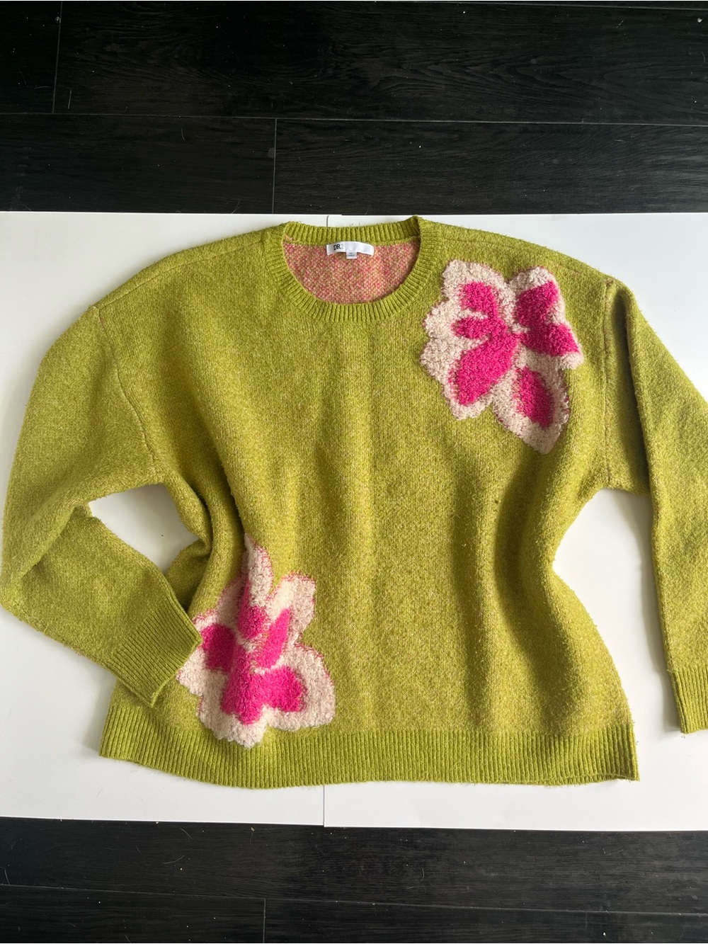 DR2 Olive Green Crewneck Sweater with Pink Floral Accents